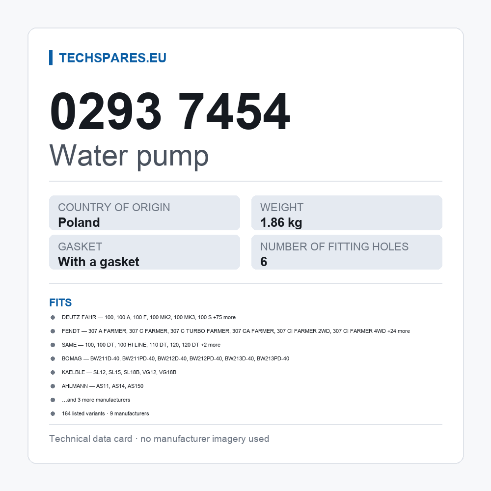 Water pump 0293 7454 — technical data card