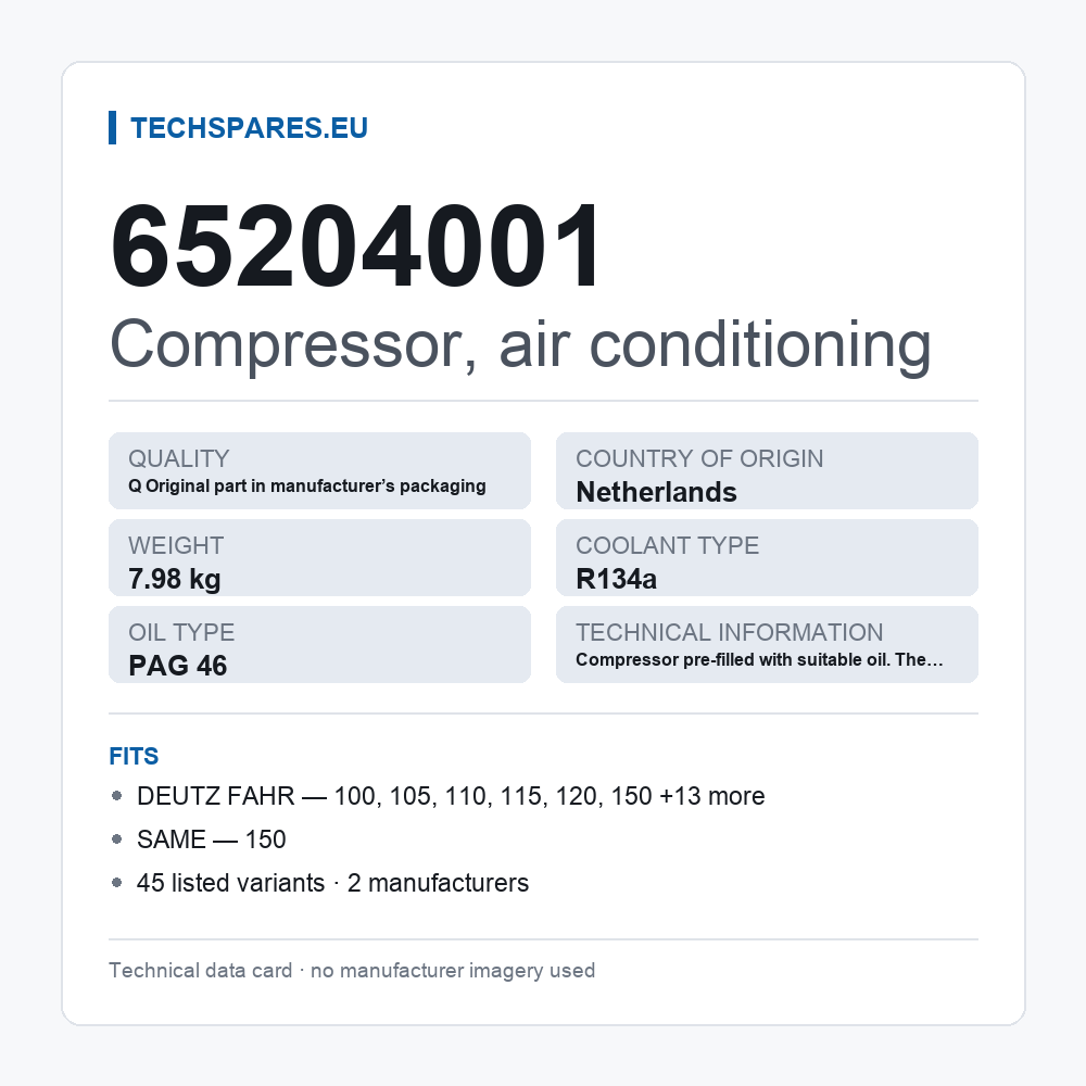 Compressor, air conditioning 65204001 — technical data card