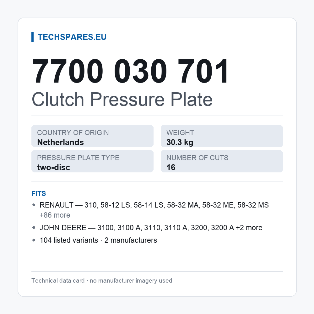 Clutch Pressure Plate 7700 030 701 — technical data card
