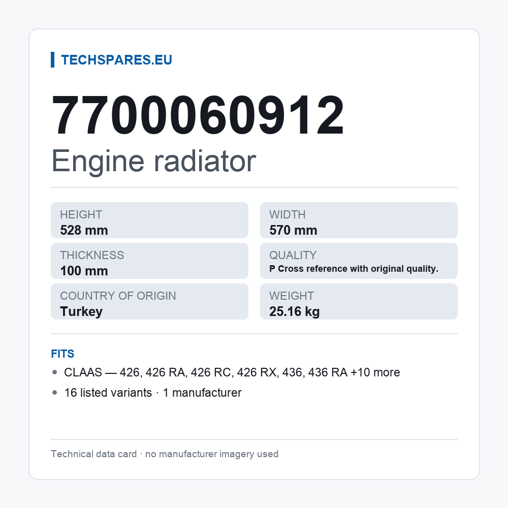 Engine radiator 7700060912 — technical data card