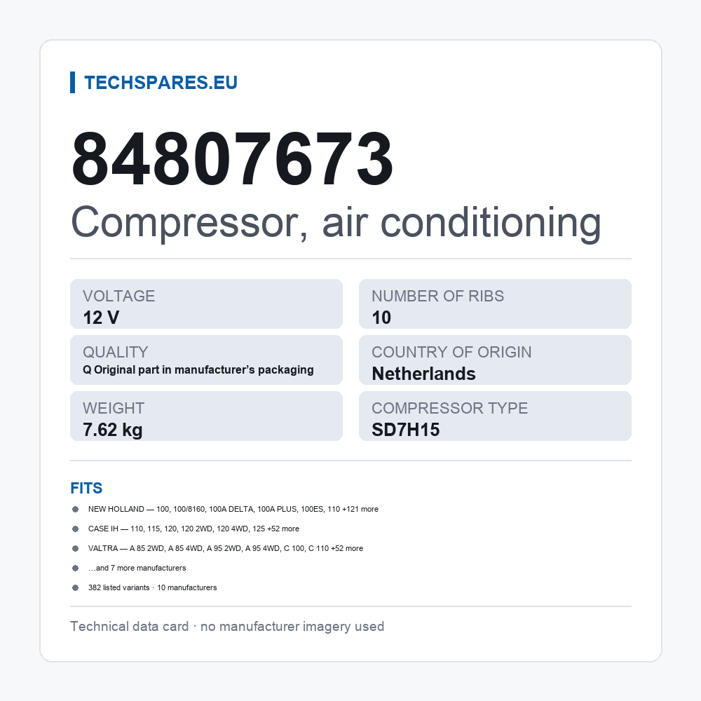 Compressor, air conditioning 84807673 — technical data card
