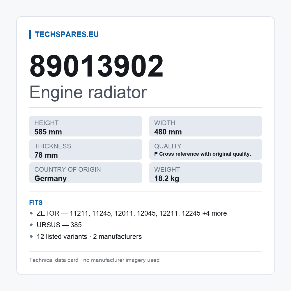 Engine radiator 89013902 — technical data card