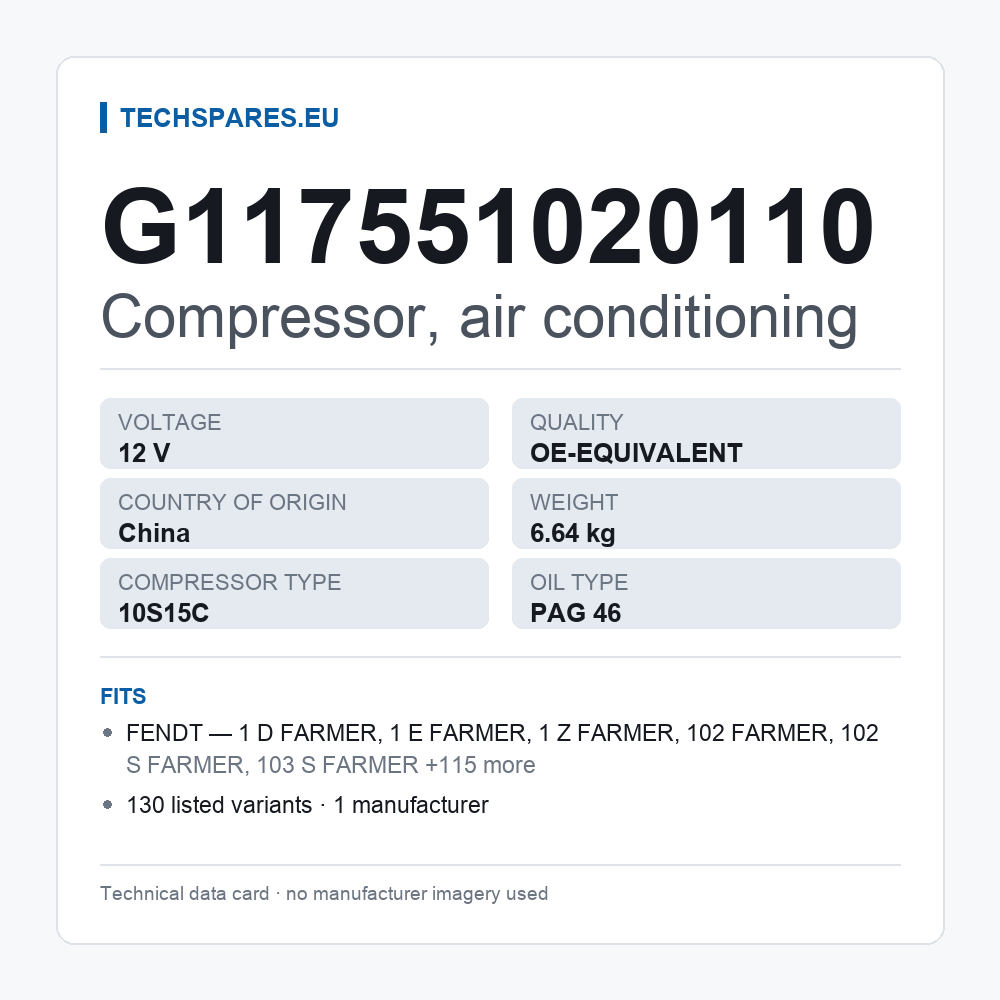 Compressor, air conditioning G117551020110 — technical data card