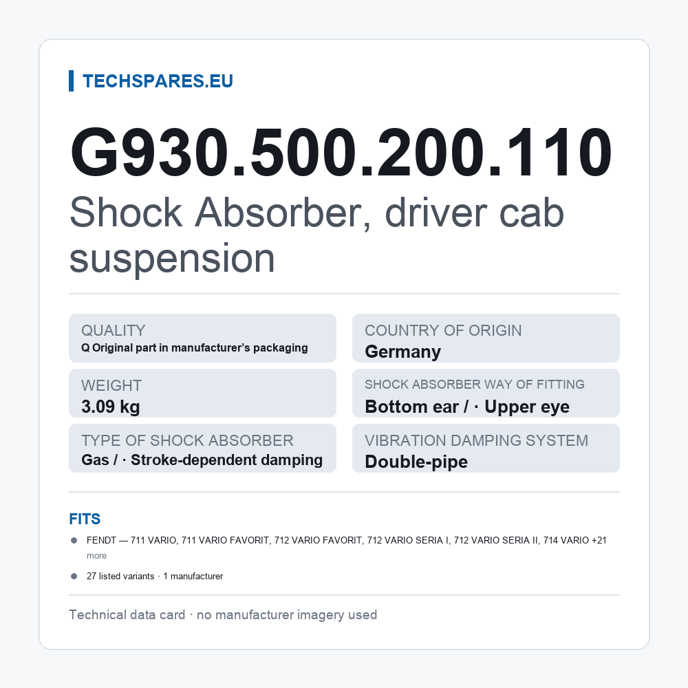 Shock Absorber, driver cab suspension G930.500.200.110 — technical data card