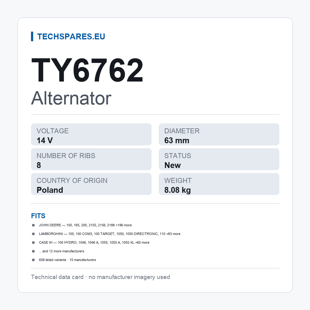 Alternator TY6762 — technical data card