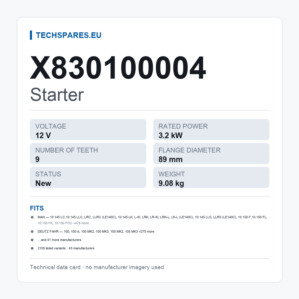 Starter X830100004 — technical data card