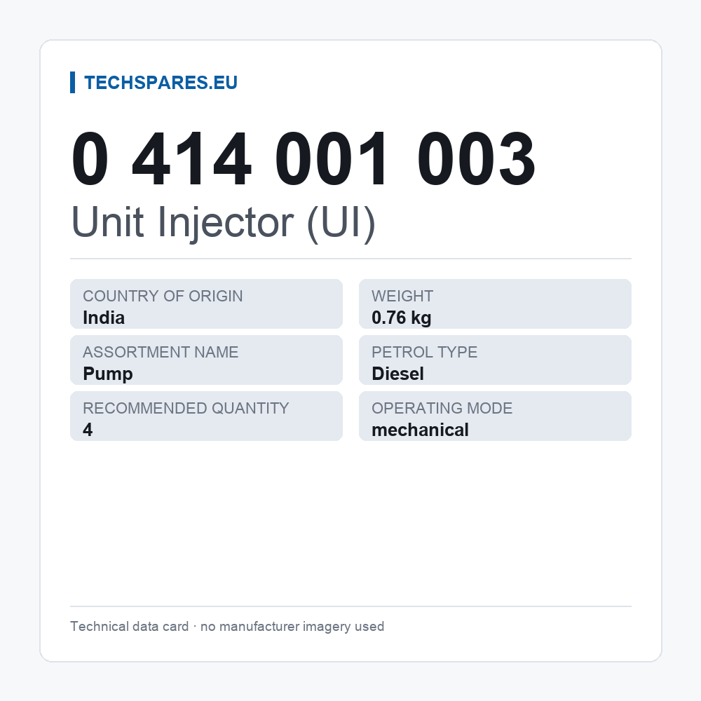 Unit Injector (UI) 0 414 001 003 — technical data card