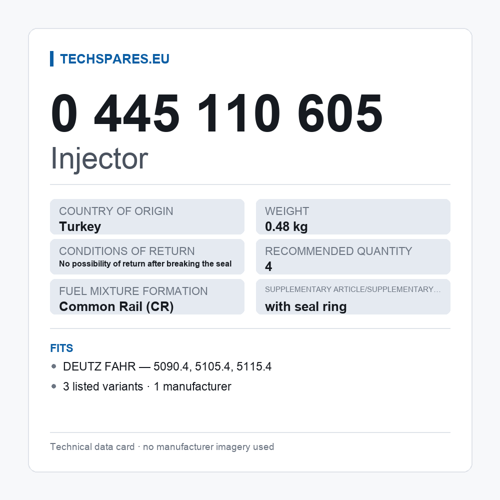 Injector 0 445 110 605 — technical data card