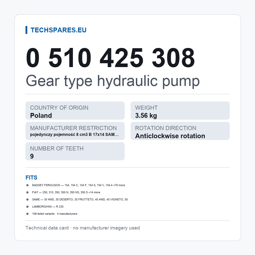Gear type hydraulic pump 0 510 425 308 — technical data card