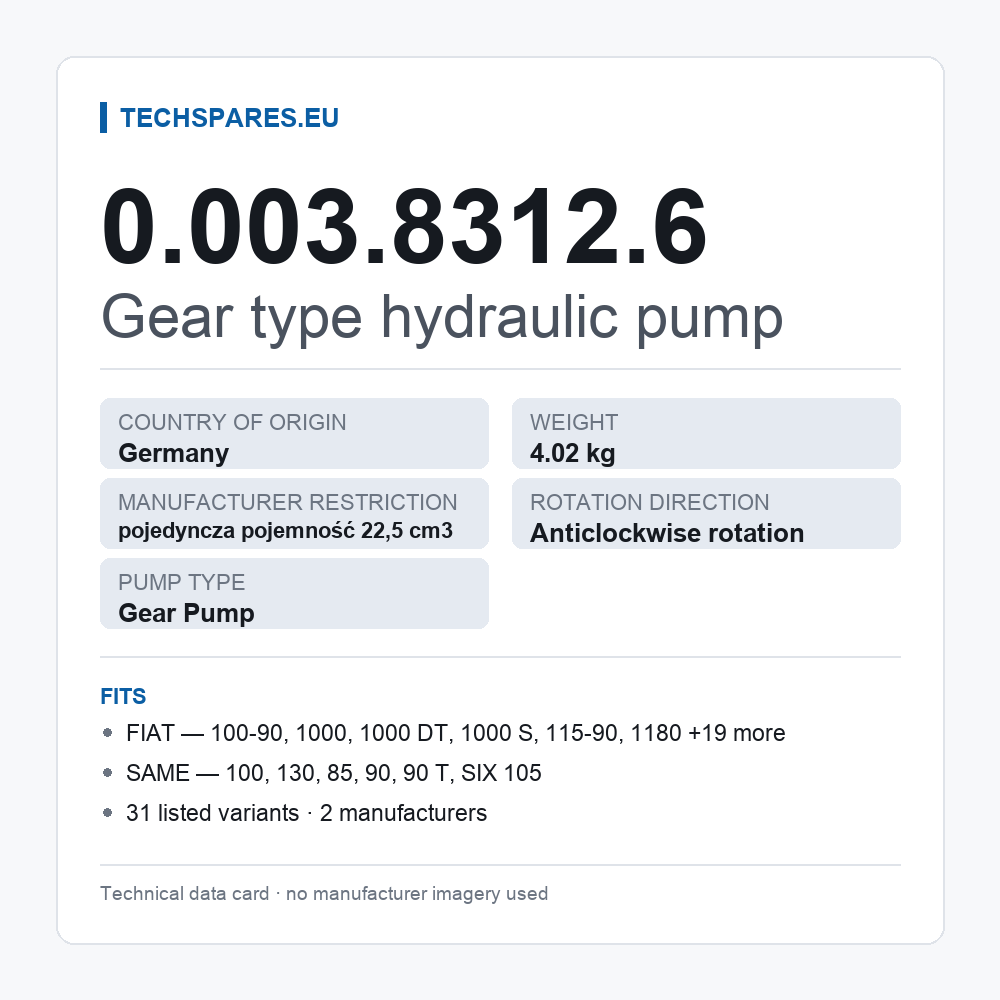 Gear type hydraulic pump 0.003.8312.6 — technical data card