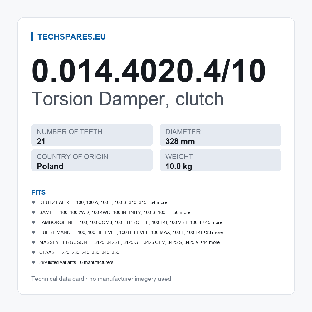 Torsion Damper, clutch 0.014.4020.4/10 — technical data card