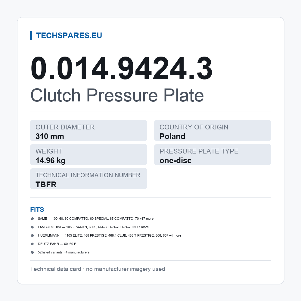 Clutch Pressure Plate 0.014.9424.3 — technical data card