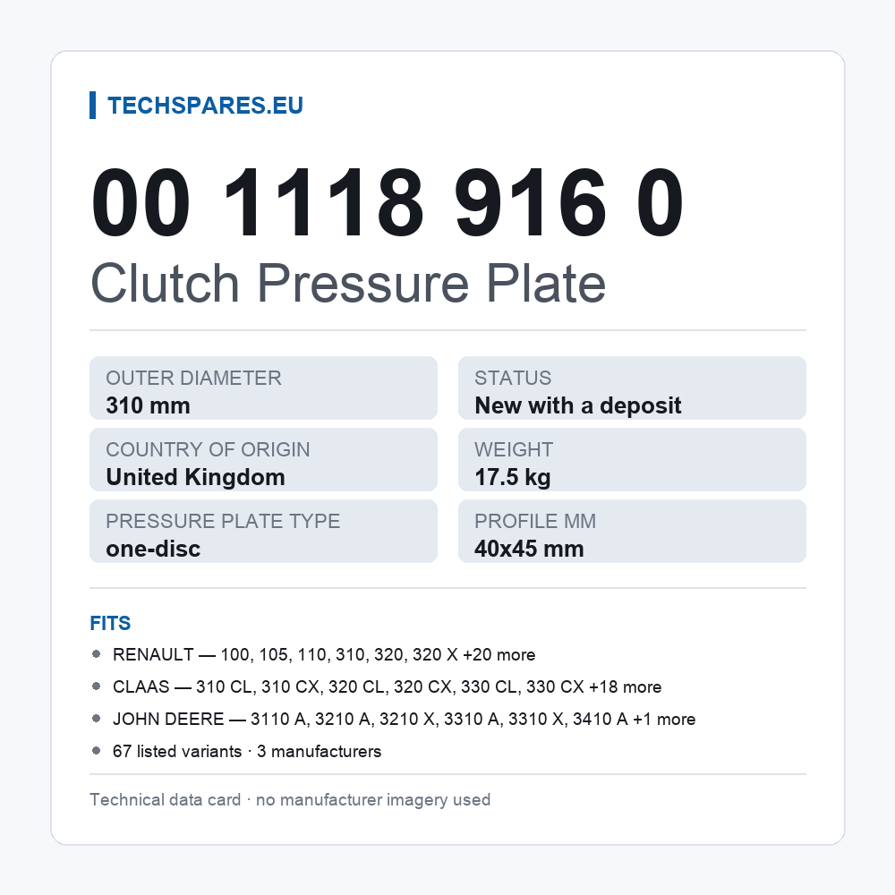 Clutch Pressure Plate 00 1118 916 0 — technical data card