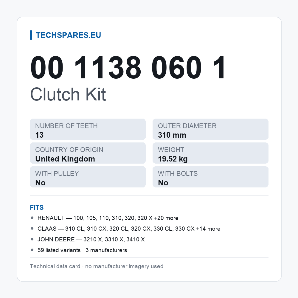 Clutch Kit 00 1138 060 1 — technical data card