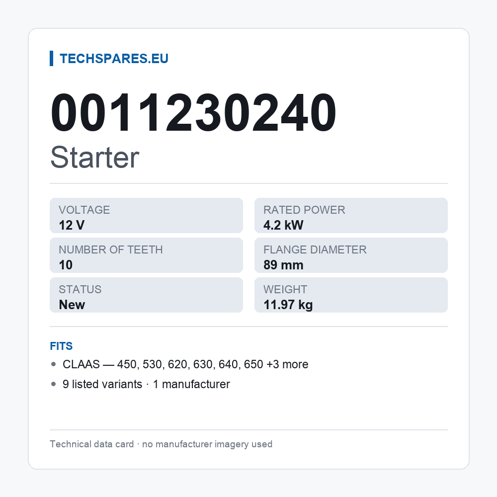 Starter 0011230240 — technical data card