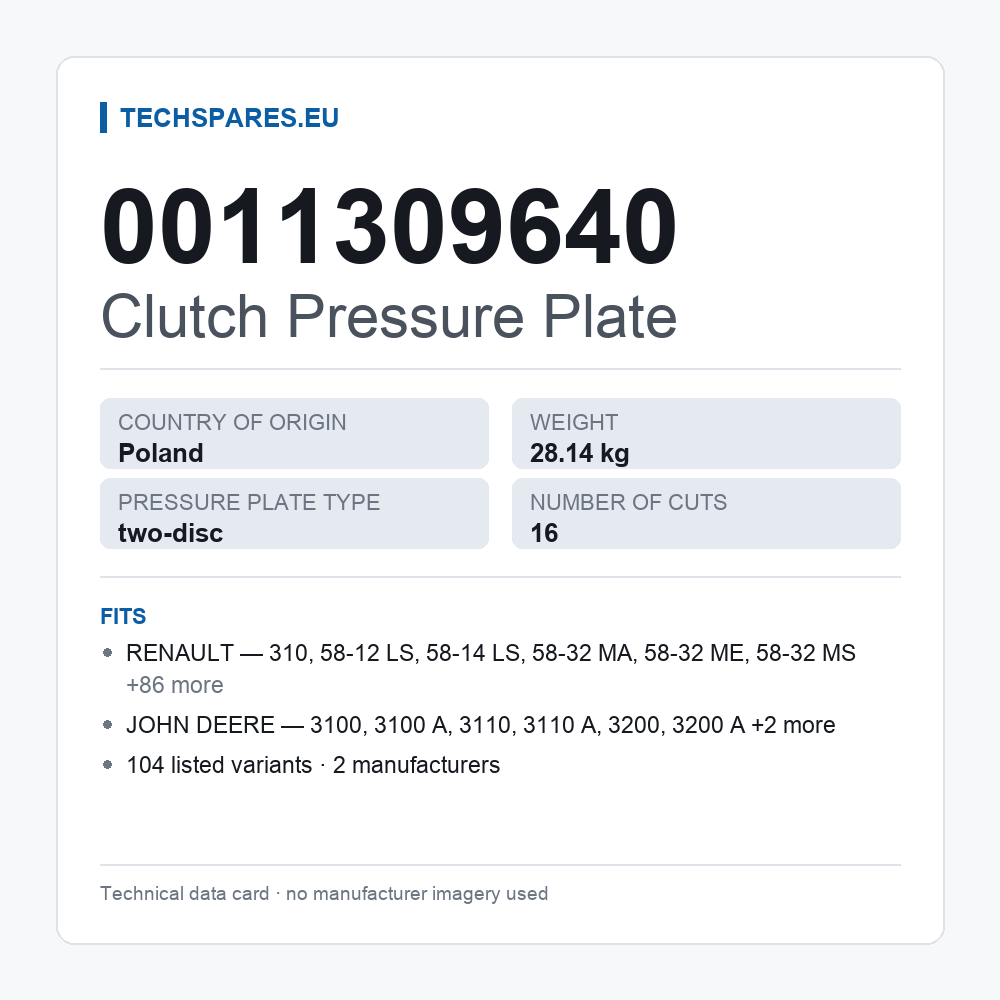 Clutch Pressure Plate 0011309640 — technical data card