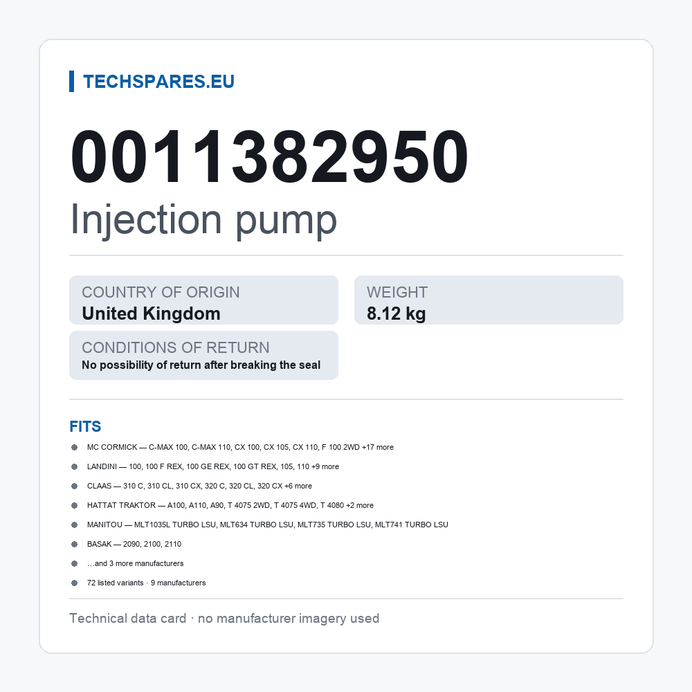 Injection pump 0011382950 — technical data card
