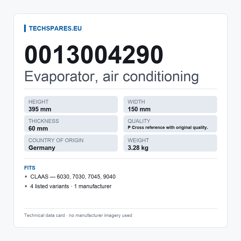 Evaporator, air conditioning 0013004290 — technical data card