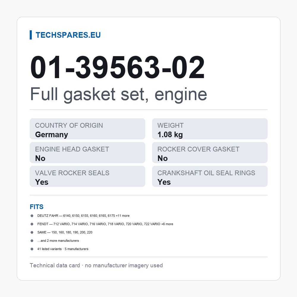 Full gasket set, engine 01-39563-02 — technical data card