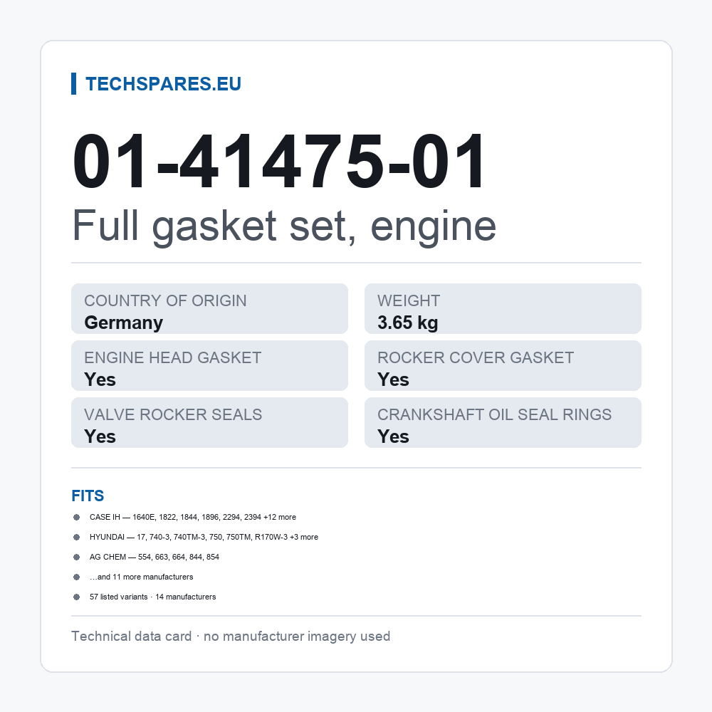 Full gasket set, engine 01-41475-01 — technical data card