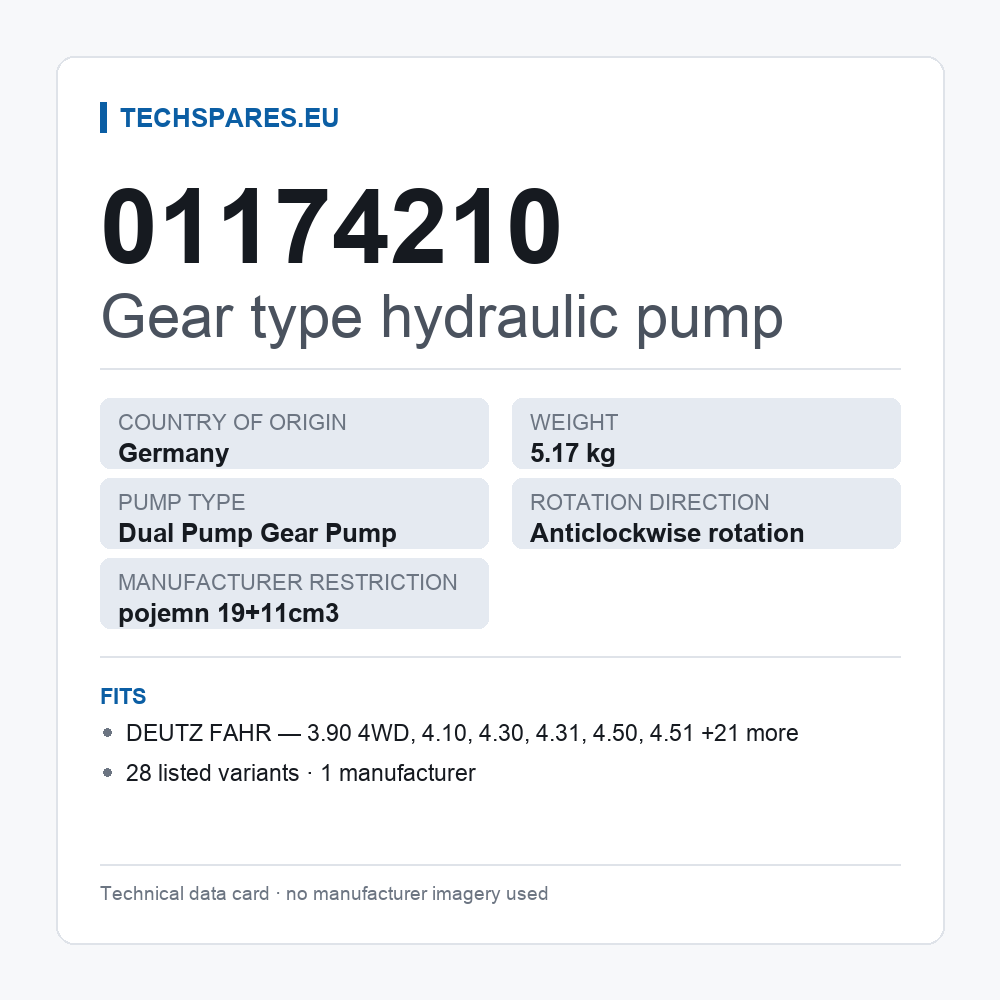 Gear type hydraulic pump 01174210 — technical data card