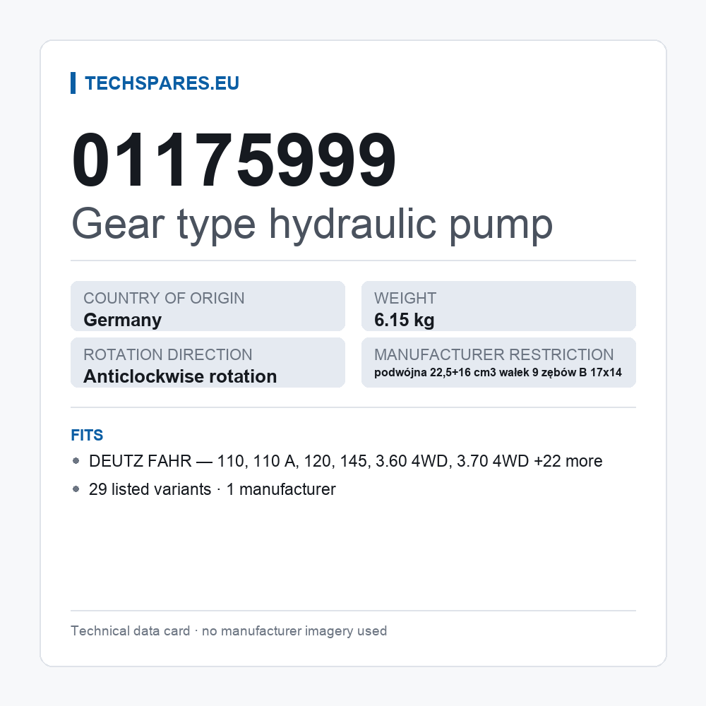 Gear type hydraulic pump 01175999 — technical data card