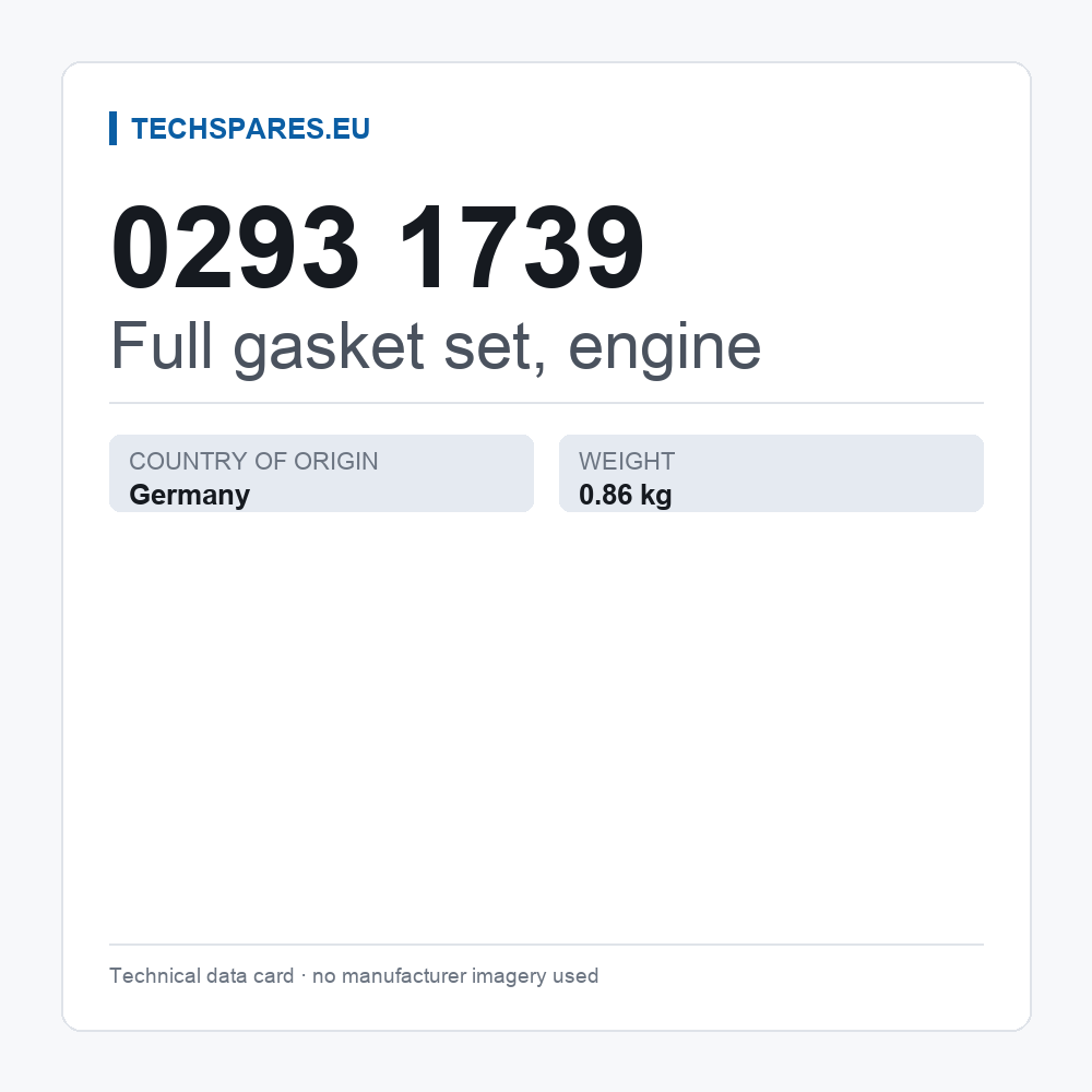 Full gasket set, engine 0293 1739 — technical data card