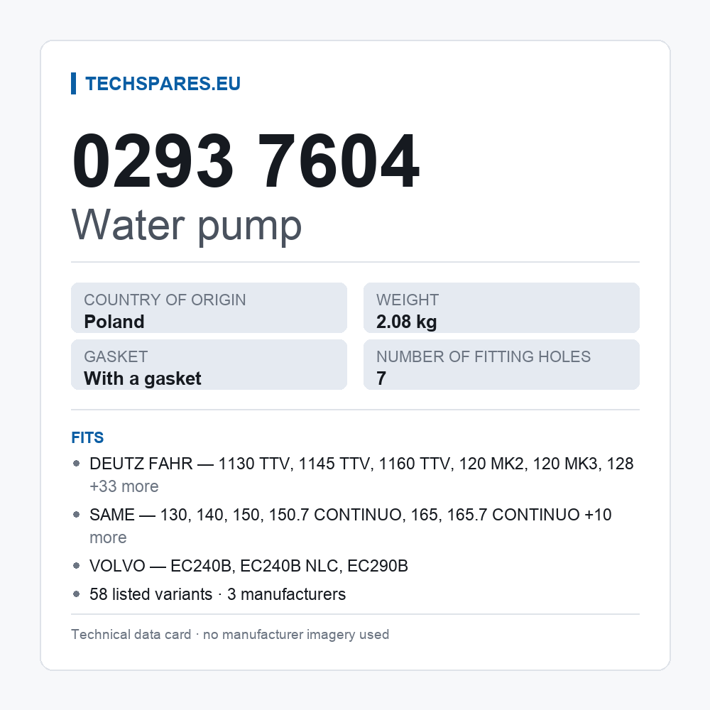 Water pump 0293 7604 — technical data card
