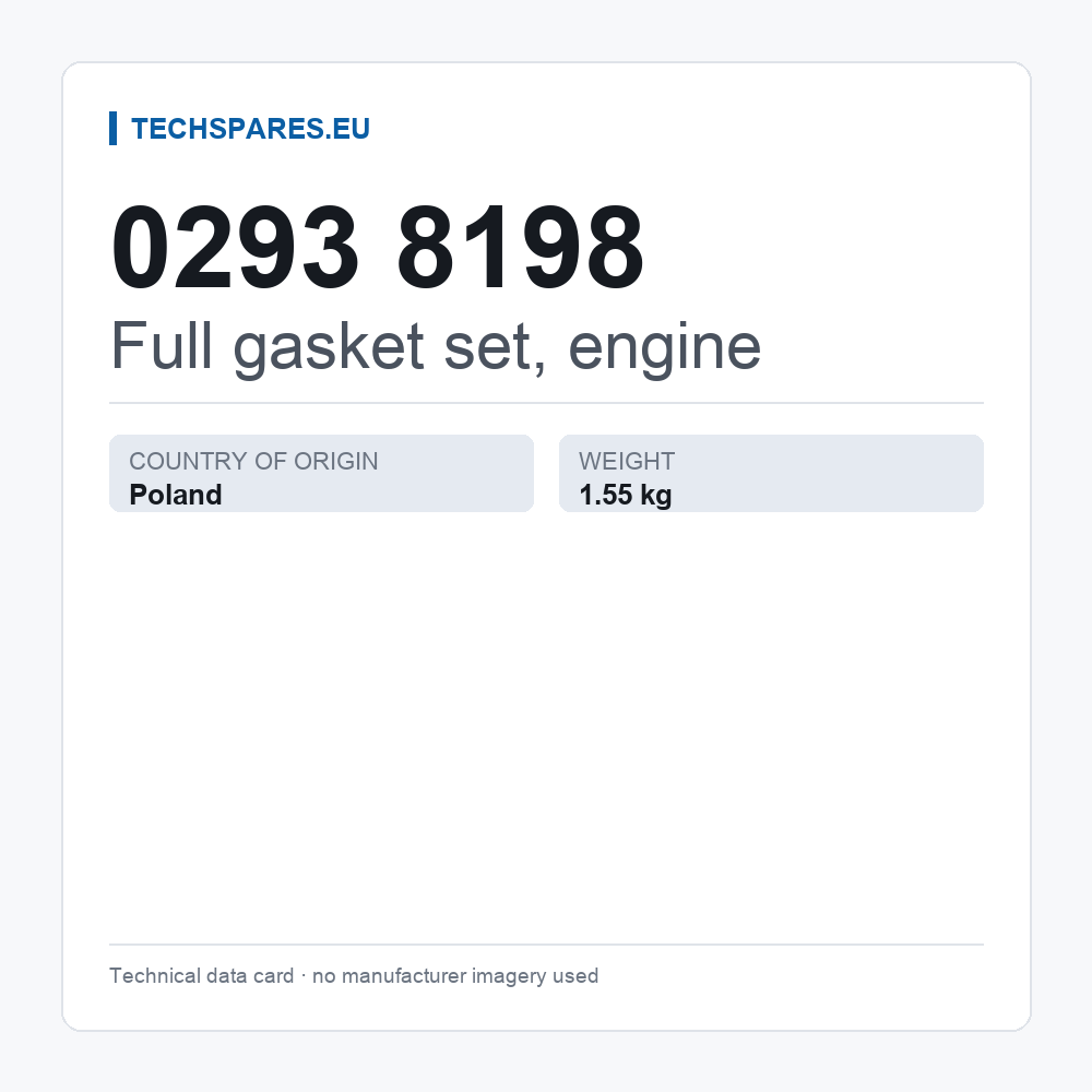 Full gasket set, engine 0293 8198 — technical data card