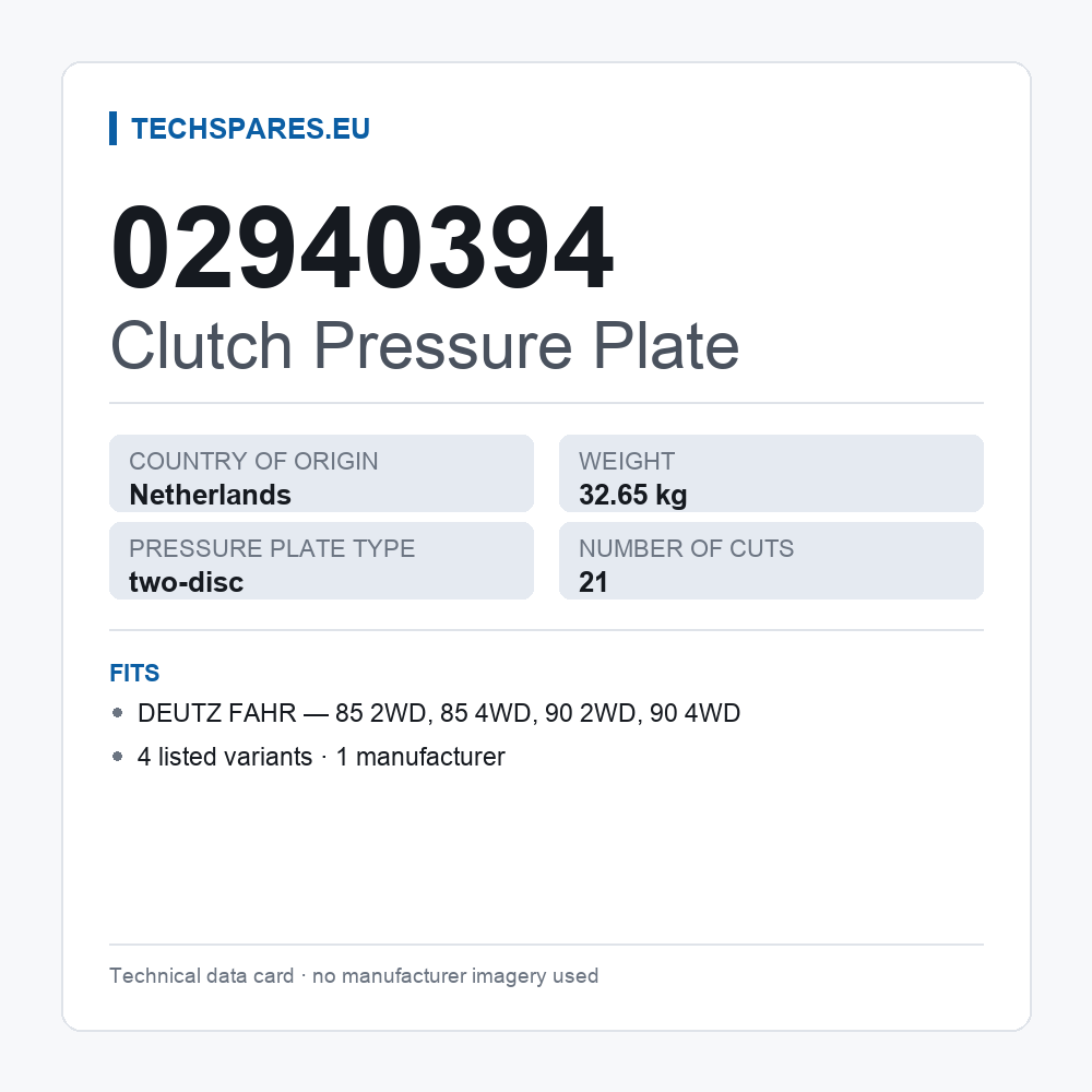Clutch Pressure Plate 02940394 — technical data card