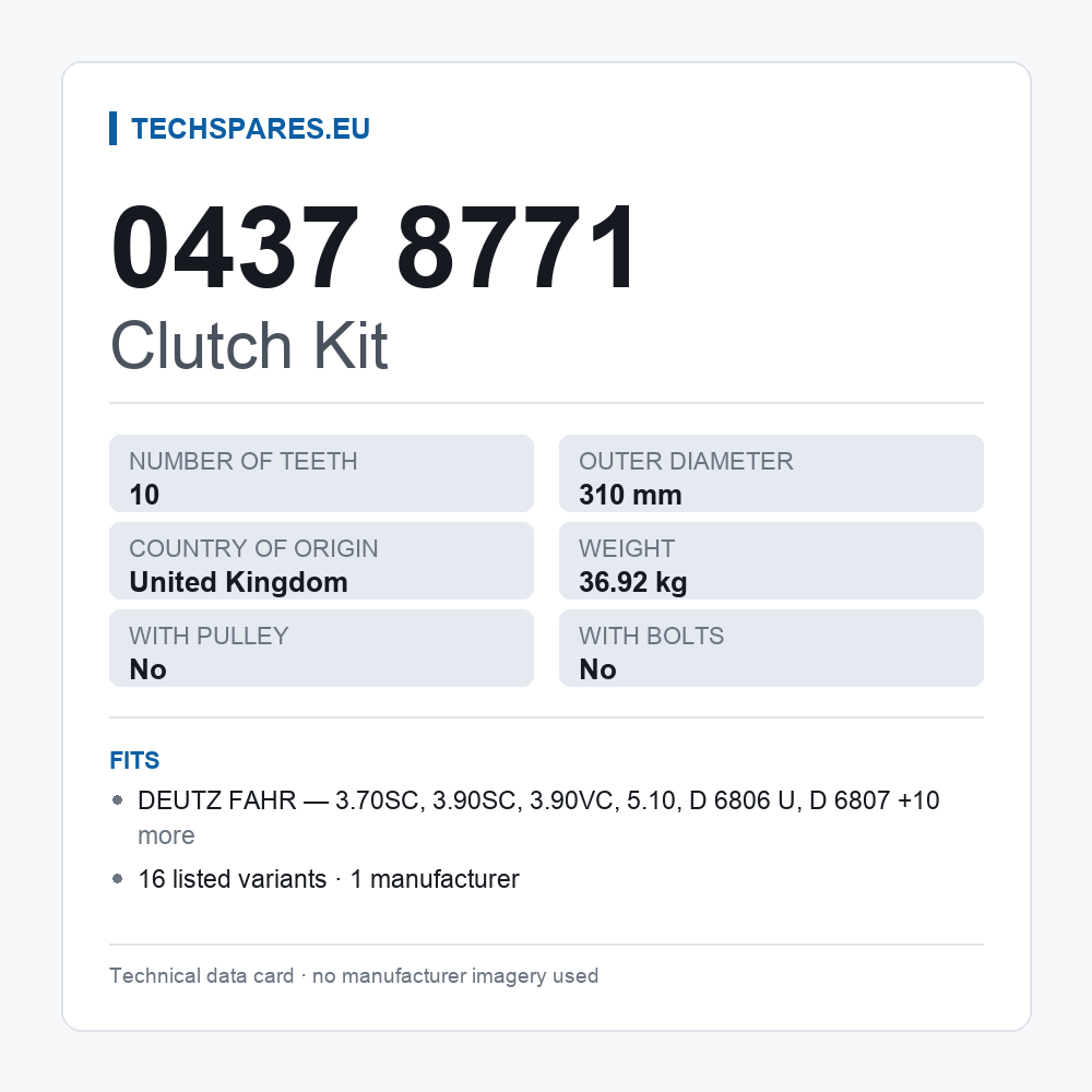 Clutch Kit 0437 8771 — technical data card