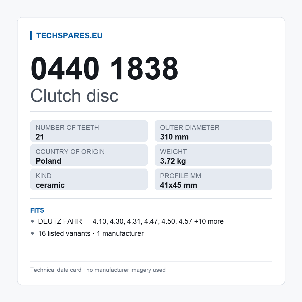 Clutch disc 0440 1838 — technical data card
