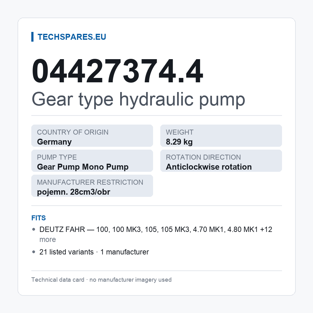 Gear type hydraulic pump 04427374.4 — technical data card