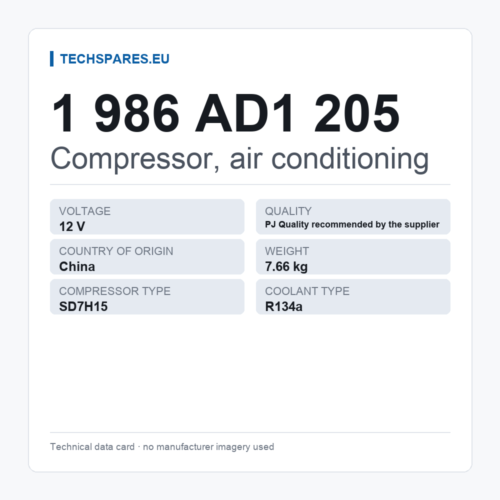 Compressor, air conditioning 1 986 AD1 205 — technical data card