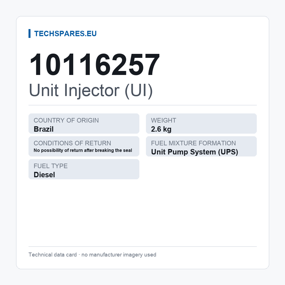 Unit Injector (UI) 10116257 — technical data card