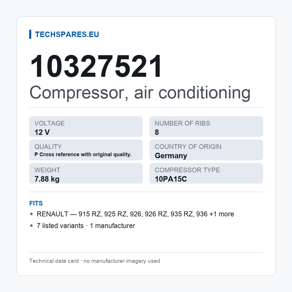 Compressor, air conditioning 10327521 — technical data card