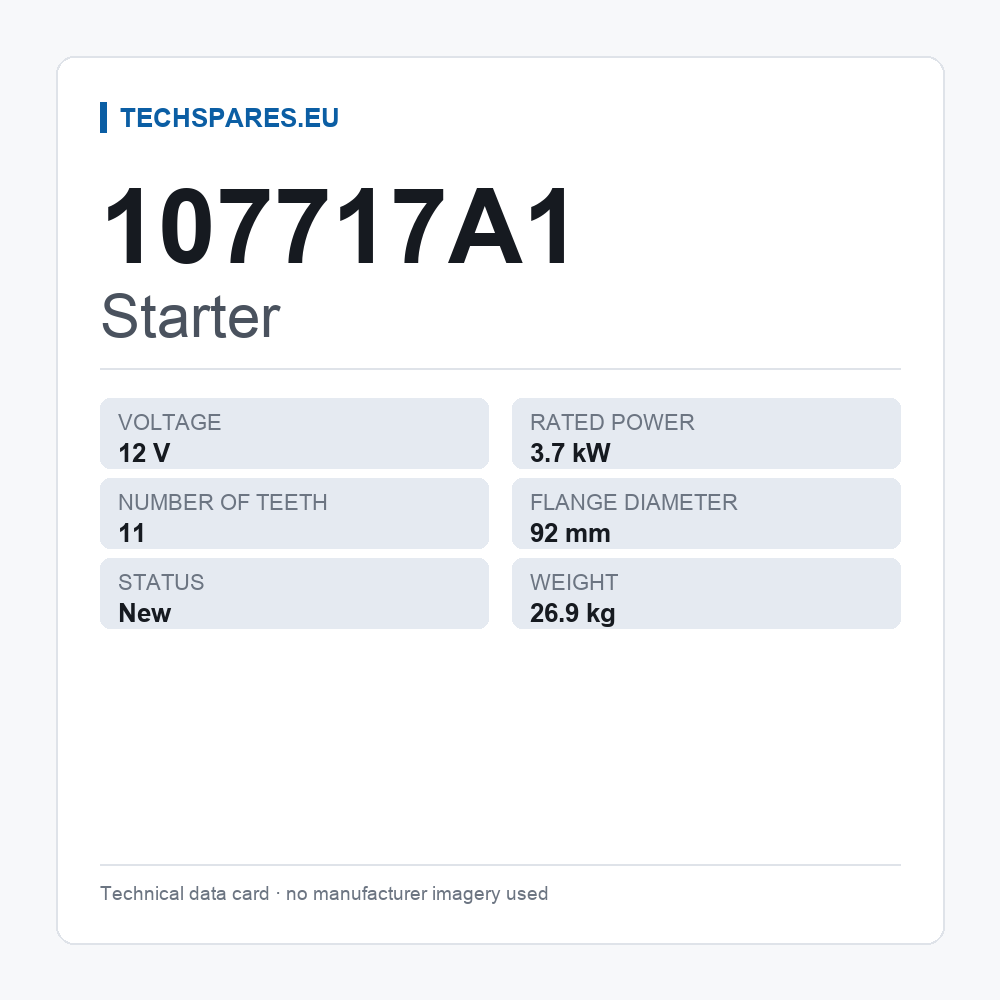 Starter 107717A1 — technical data card