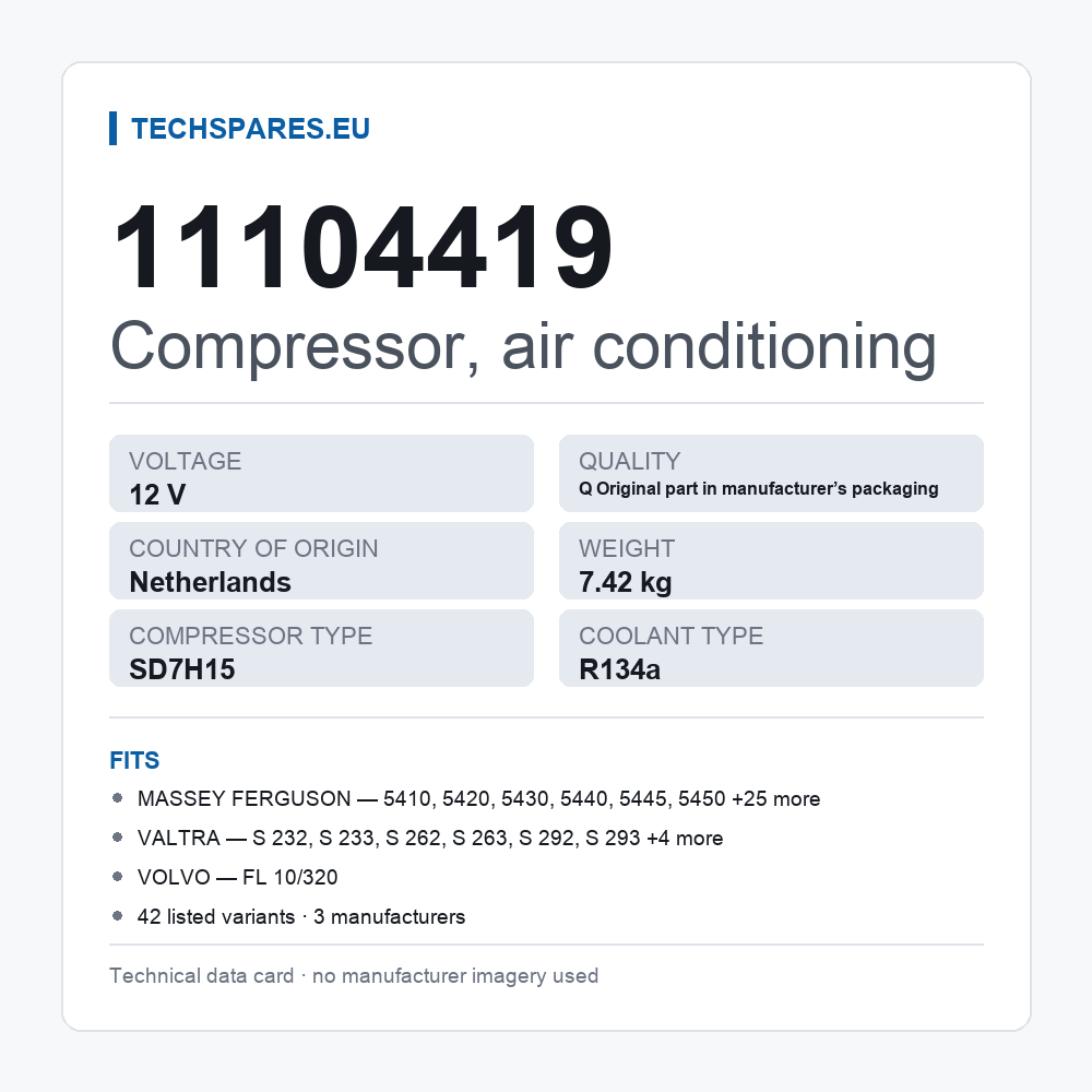 Compressor, air conditioning 11104419 — technical data card