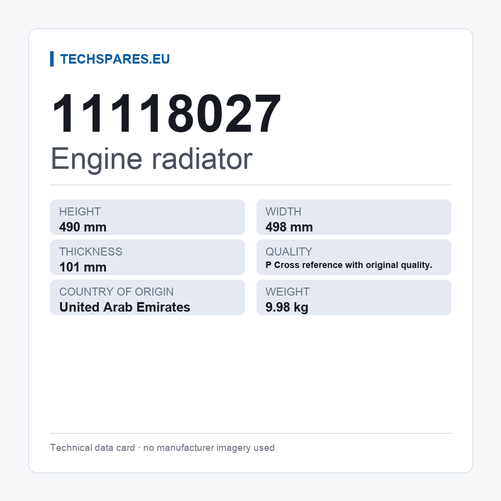 Engine radiator 11118027 — technical data card
