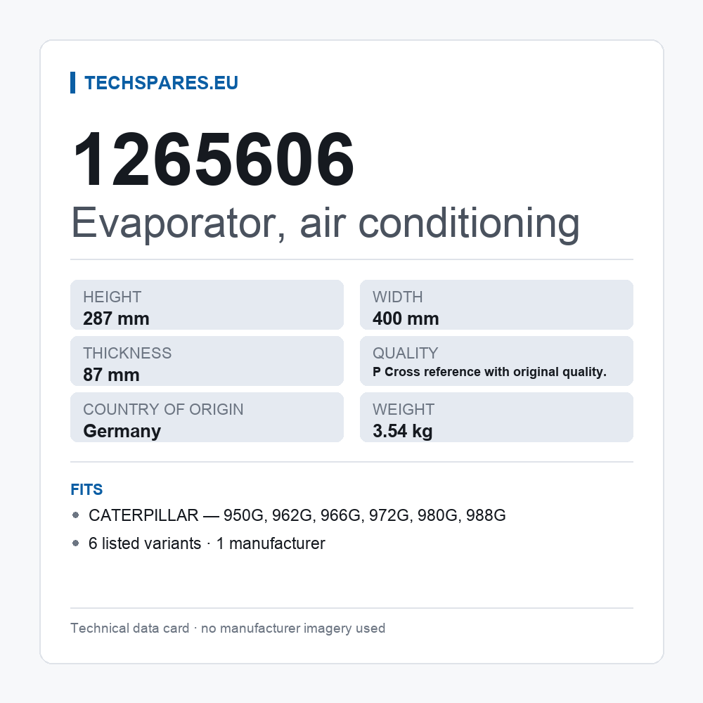 Evaporator, air conditioning 1265606 — technical data card