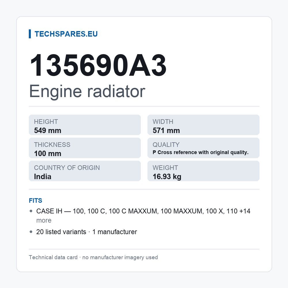 Engine radiator 135690A3 — technical data card