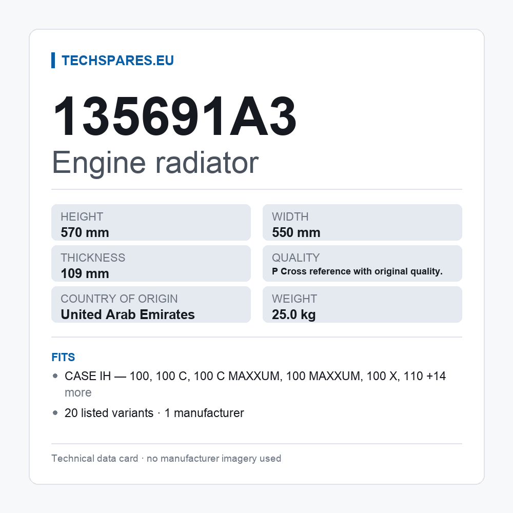 Engine radiator 135691A3 — technical data card