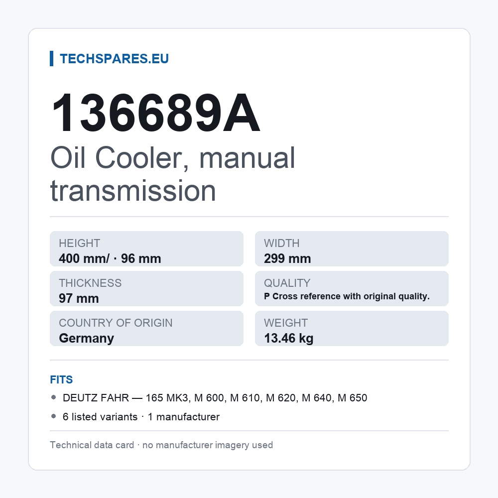 Oil Cooler, manual transmission 136689A — technical data card