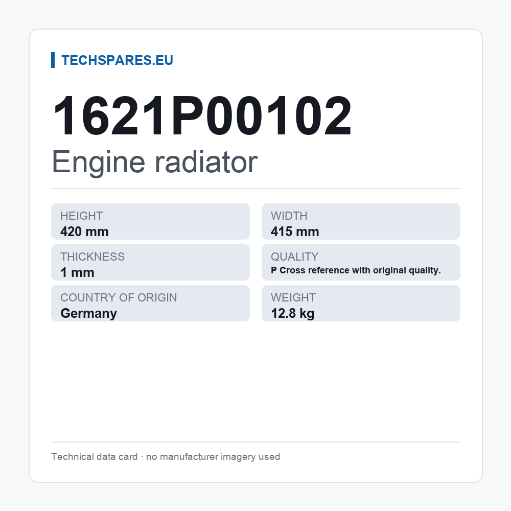 Engine radiator 1621P00102 — technical data card