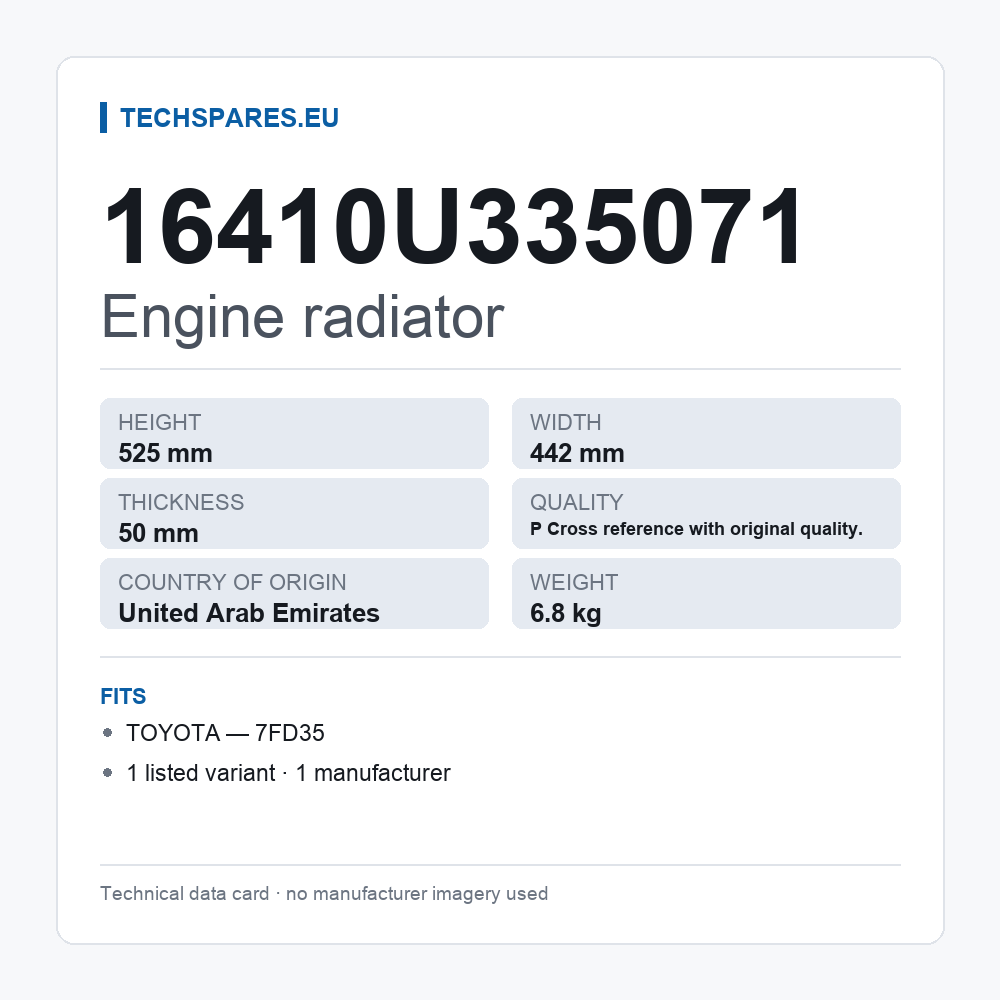 Engine radiator 16410U335071 — technical data card
