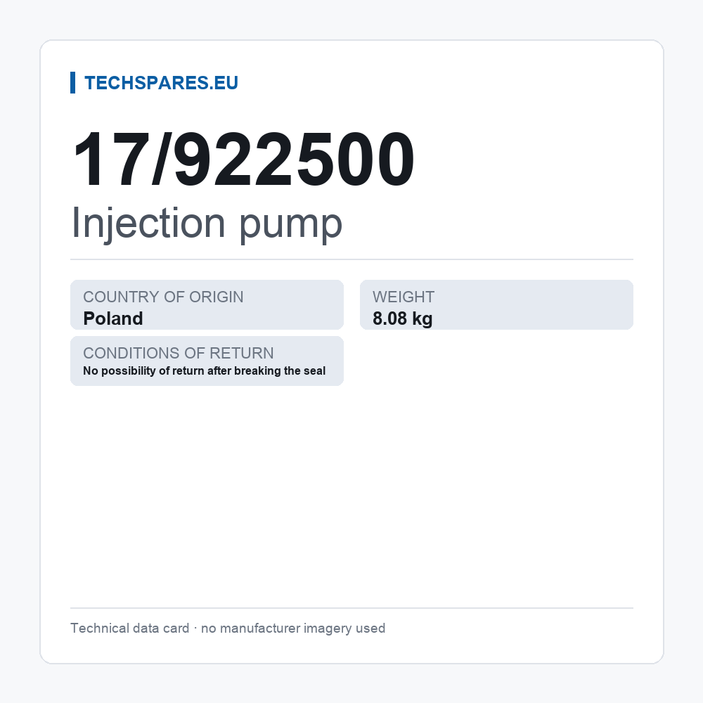 Injection pump 17/922500 — technical data card