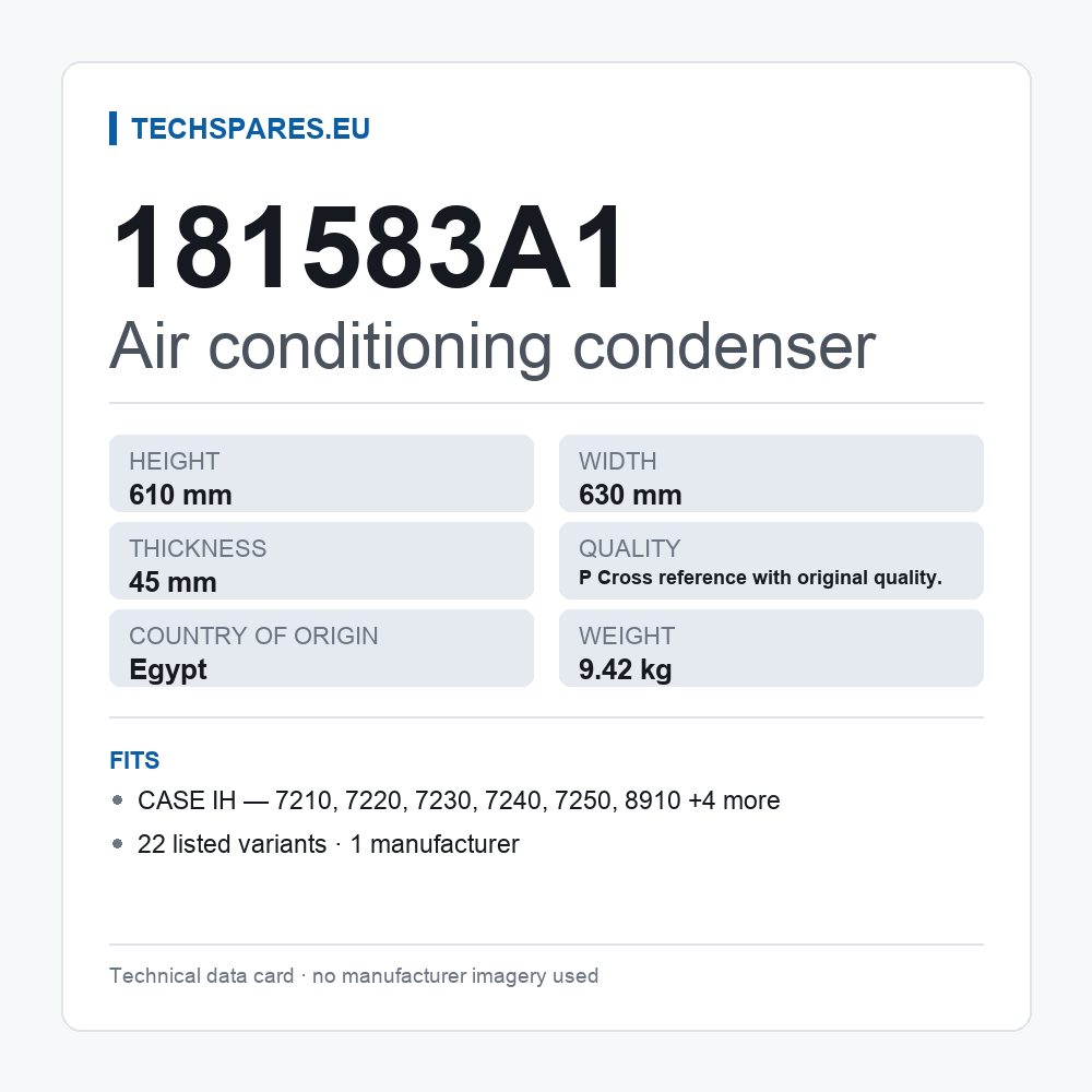 Air conditioning condenser 181583A1 — technical data card