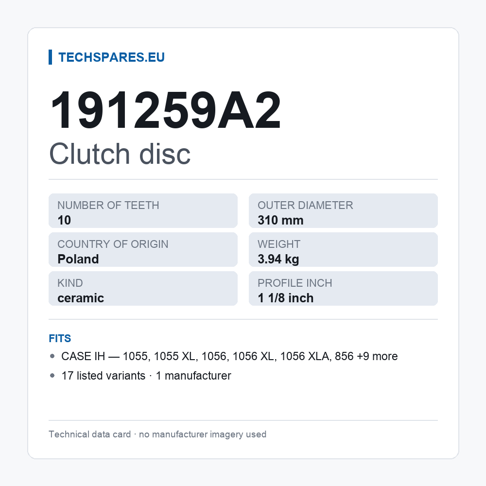 Clutch disc 191259A2 — technical data card
