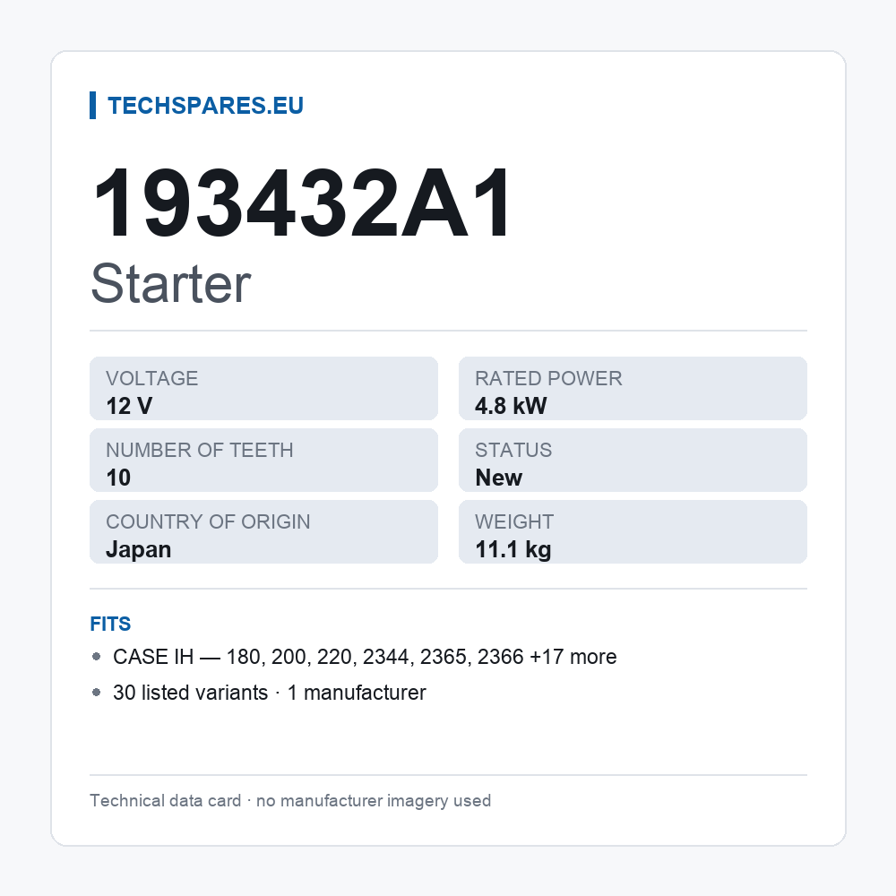 Starter 193432A1 — technical data card