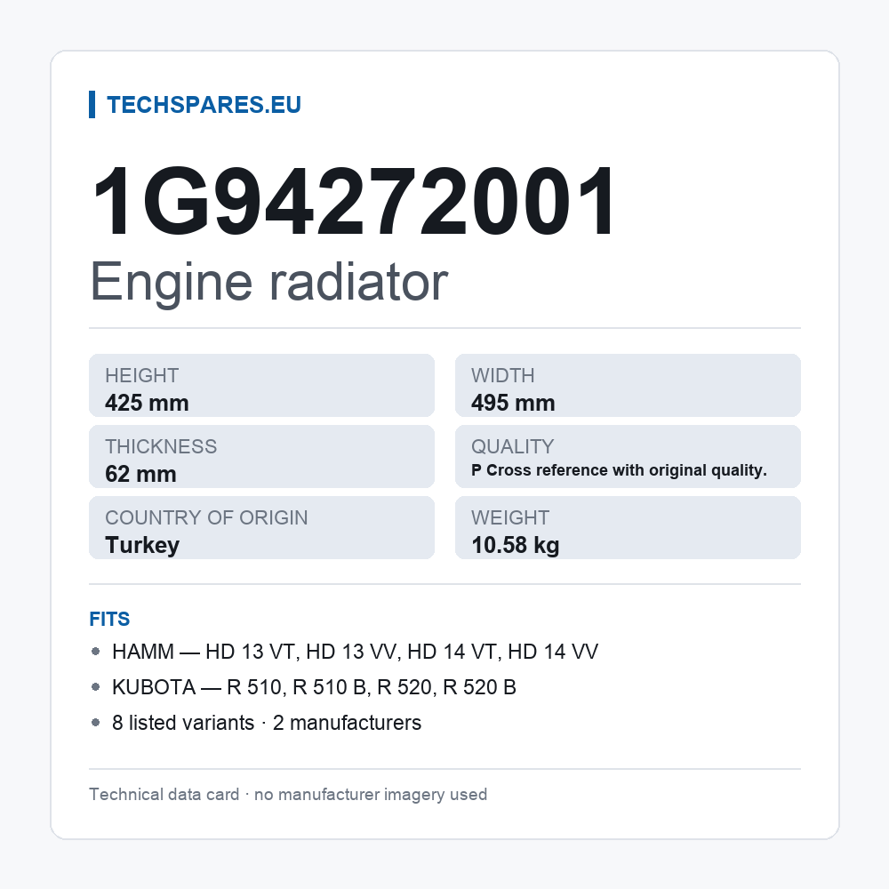 Engine radiator 1G94272001 — technical data card